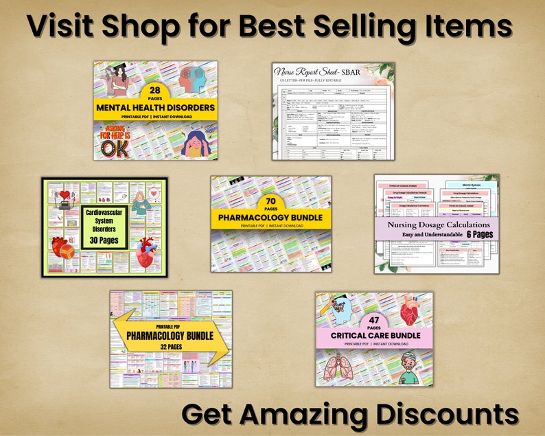 May include: A collage of colourful digital downloads for nurses, featuring topics such as mental health disorders, cardiovascular system disorders, pharmacology, critical care, and nursing dosage calculations. The text "Visit Shop for Best Selling Items" and "Get Amazing Discounts" is also included.