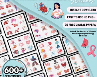 May include: A digital download of 600+ colorful stickers featuring illustrations of human organs and systems. The stickers are designed for use in digital planners and notebooks. The text "PATHOPHYSIOLOGY Stickers" is displayed in a large font at the top of the image.