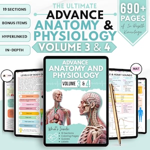 May include: A digital tablet displaying an Advance Anatomy and Physiology Volume 3 & 4 study guide with anatomical illustrations of the human torso and brain. The screen shows 19 sections, coloring pages, quizzes, and labels with a gold stylus pen.