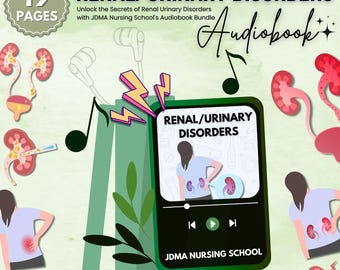 May include: A green and black audiobook cover with the title "Renal/Urinary Disorders" and the text "Unlock the Secrets of Renal Urinary Disorders with JDMA Nursing School's Audiobook Bundle". The cover features a cartoon illustration of a person with back pain and kidneys.