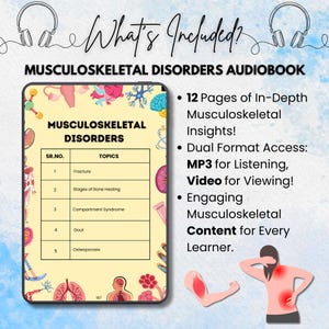 Puede incluir: Una ilustraci&oacute;n digital de una pantalla de tableta que muestra una tabla con el t&iacute;tulo "Trastornos musculoesquel&eacute;ticos" y una lista de temas que incluyen "Fractura", "Etapas de la curaci&oacute;n &oacute;sea", "S&iacute;ndrome compartimental", "Gota" y "Osteoporosis". El texto "&iexcl;12 p&aacute;ginas de informaci&oacute;n detallada sobre los trastornos musculoesquel&eacute;ticos! &iexcl;Acceso a formato dual: MP3 para escuchar, video para ver! &iexcl;Contenido musculoesquel&eacute;tico atractivo para cada aprendiz!" se muestra en el lado derecho de la imagen.