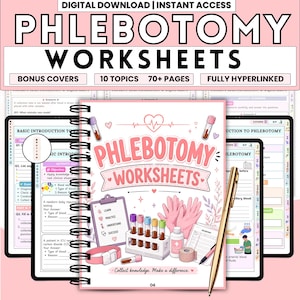 May include: A digital download of phlebotomy worksheets with bonus covers, 10 topics, and over 70 pages. The image shows a spiral-bound notebook and two tablets with worksheets, along with medical supplies like test tubes and gloves. The text reads "Collect knowledge. Make a difference."