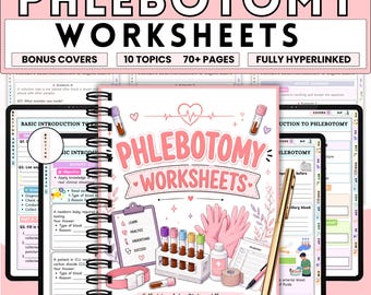 May include: A digital download of phlebotomy worksheets with bonus covers, 10 topics, and over 70 pages. The image shows a spiral-bound notebook and two tablets with worksheets, along with medical supplies like test tubes and gloves. The text reads "Collect knowledge. Make a difference."