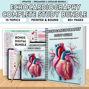 May include: A complete study bundle for echocardiography, featuring a study guide and digital bonus. The cover displays a detailed illustration of a heart with red and blue vessels. The text reads "Echocardiography Complete Study Bundle".