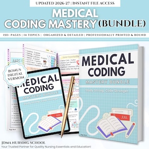 May include: A bundle of medical coding study materials, including a book and a tablet, with the title "Medical Coding Mastery Bundle." The book and tablet display the text "Study Strong, Code Stronger." The image also includes a gold pen.