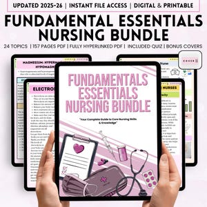 Op de afbeelding: Een digitale verpleegbundel getiteld "Fundamental Essentials Nursing Bundle" wordt weergegeven op een tablet. De afbeelding bevat een stethoscoop, medische benodigdheden en de tekst "Your Complete Guide to Core Nursing Skills & Knowledge."
