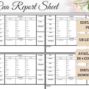 CNA Sheet Report | cna template | Printable & Fully Editable | Cna Flow Sheet | Digital Download | Vitals Log