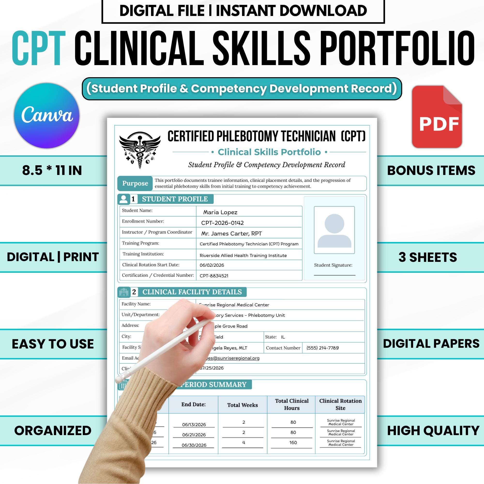 Phlebotomy Clinical Skills Portfolio, Externship Logbook, Competency Checklist, Venipuncture Log, Printable PDF, Digital Download
