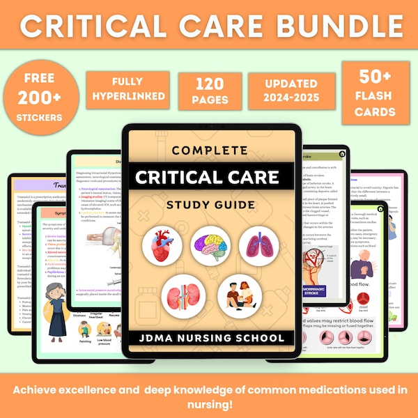 Critical Care Bundle flashcards or sticker & Fully Hyperlinked | Study Guide Note | Critical Care Nurse  | Digital download | Nursing School