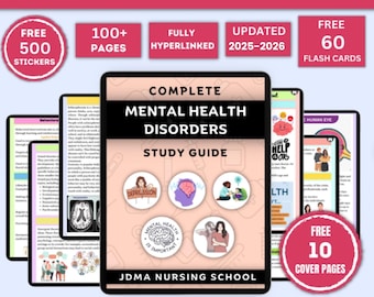 Puede incluir: Una guía de estudio digital rosa y blanca para trastornos de salud mental. La portada presenta un gráfico del cerebro y el texto "Guía de estudio completa sobre trastornos de salud mental". La guía incluye más de 100 páginas, está completamente hipervinculada y actualizada para 2025-2026. También incluye 500 pegatinas gratis y 60 tarjetas de memoria gratis.