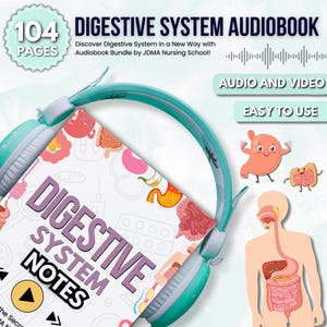 May include: A teal blue pair of headphones with a pink and white book titled "Digestive System Notes" with 104 pages. The book has illustrations of the digestive system. The text "Digestive System Audiobook" is at the top of the image.