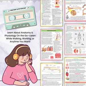 May include: A colorful illustration of a person listening to a cassette tape with headphones. The text on the cassette tape reads "Anatomy & Physiology". The image also includes text that says "Learn About Anatomy & Physiology On the Go-Listen While Walking, Working, or Anytime You Want!"