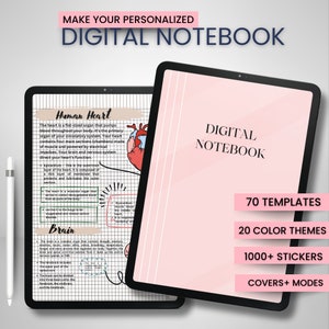 以下が含まれることがあります： ピンクのデジタルノートブックで、上部に「MAKE YOUR PERSONALIZED DIGITAL NOTEBOOK」というテキストがあります。ノートブックには、70個のテンプレート、20個のカラーテーマ、1000個以上のステッカー、カバー、モードがあります。ノートブックは、人間の心臓の図と心臓の機能の説明が書かれたページを開いています。次のページは空白です。