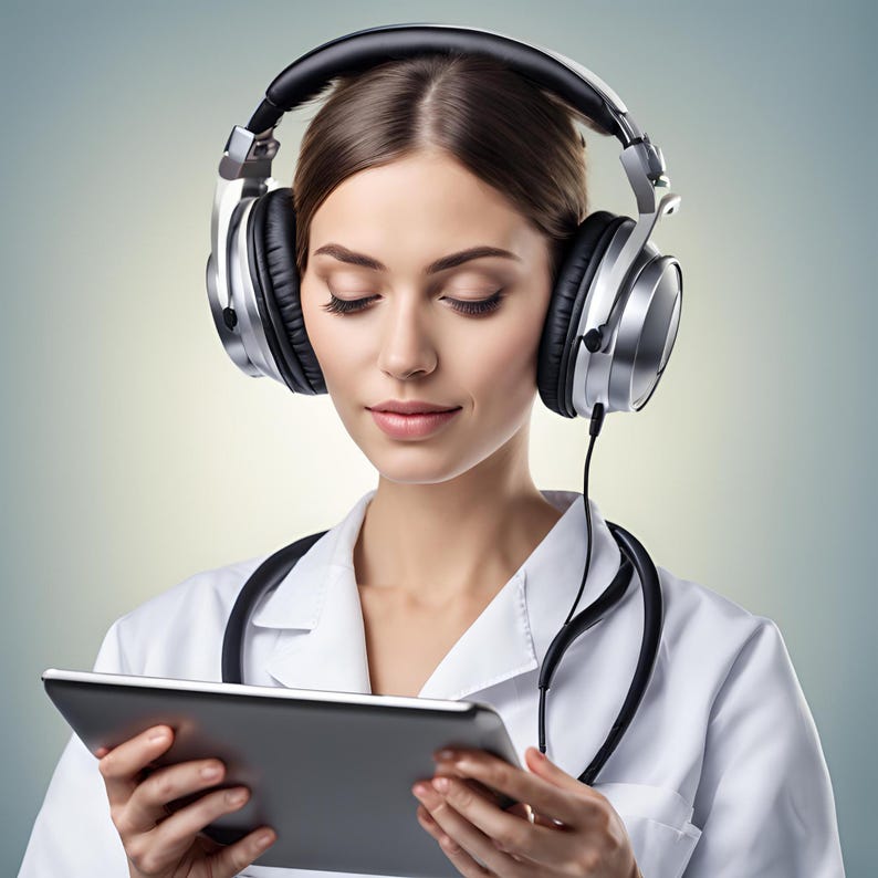 Puede incluir: Una mujer con una bata blanca y un estetoscopio escucha m&uacute;sica con auriculares mientras mira una tableta.