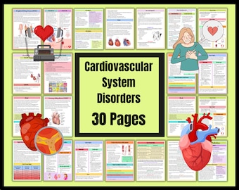 May include: A colorful infographic poster with illustrations of the human heart and text about cardiovascular system disorders. The poster is divided into 30 pages and includes information about common heart conditions, symptoms, and treatments. The title of the poster is "Cardiovascular System Disorders 30 Pages".