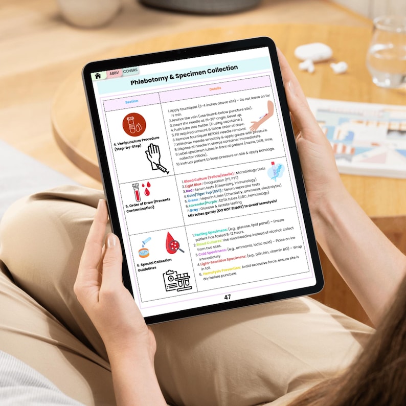 May include: A person holds a tablet displaying a phlebotomy and specimen collection guide. The guide includes step-by-step instructions, diagrams, and information on blood collection procedures and guidelines. The tablet screen shows the text "Phlebotomy & Specimen Collection".