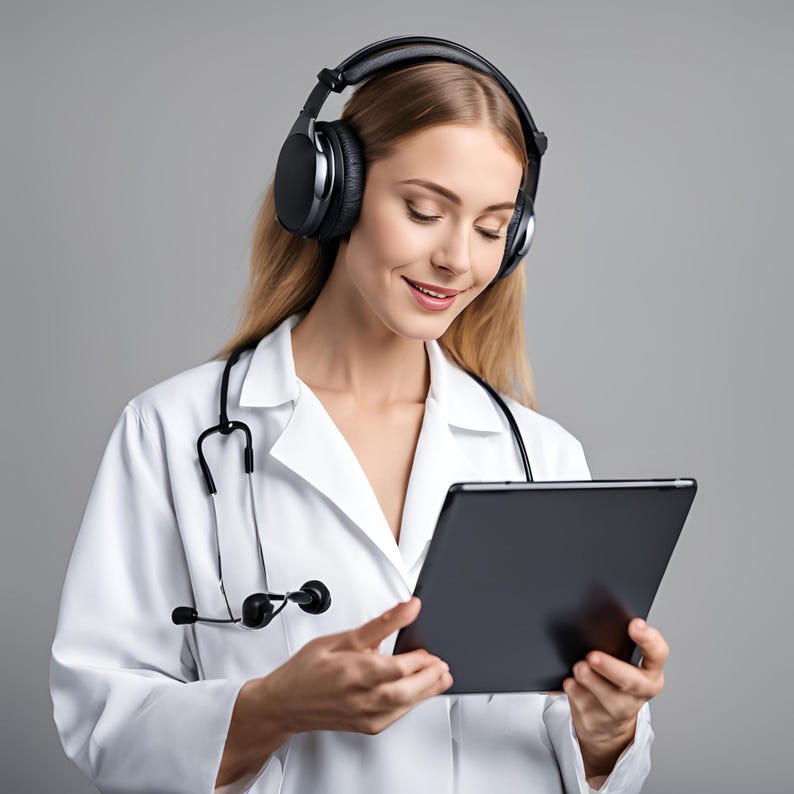 May include: A woman wearing a white lab coat and black headphones is looking at a tablet computer. She is wearing a stethoscope around her neck.