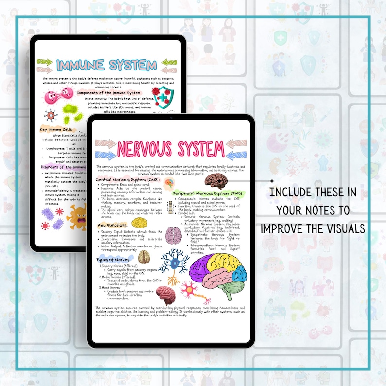 May include: Two colorful handwritten pages with illustrations of the human immune and nervous systems. The immune system page features a red shield with a white star and a cartoon germ. The nervous system page features a colorful brain with a blue, pink, and green color scheme.