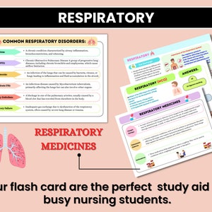 May include: A set of colorful flashcards with illustrations of lungs and text about common respiratory disorders, respiratory system functions, and respiratory medications. The text includes terms like "Asthma", "COPD", "Pneumonia", "Tuberculosis", "Pulmonary Embolism", "Respiratory Failure", "Gas Exchange", "Oxygen Therapy", "Bronchodilators", and "Antibiotics". The flashcards are designed for nursing students.