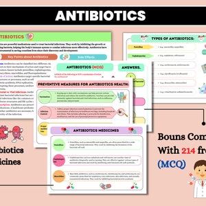 May include: A colorful infographic about antibiotics, with illustrations of bacteria and a doctor. The text includes the title "Antibiotics", "Types of Antibiotics", "Preventive Measures for Antibiotics Health", and "Antibiotics Medicines".