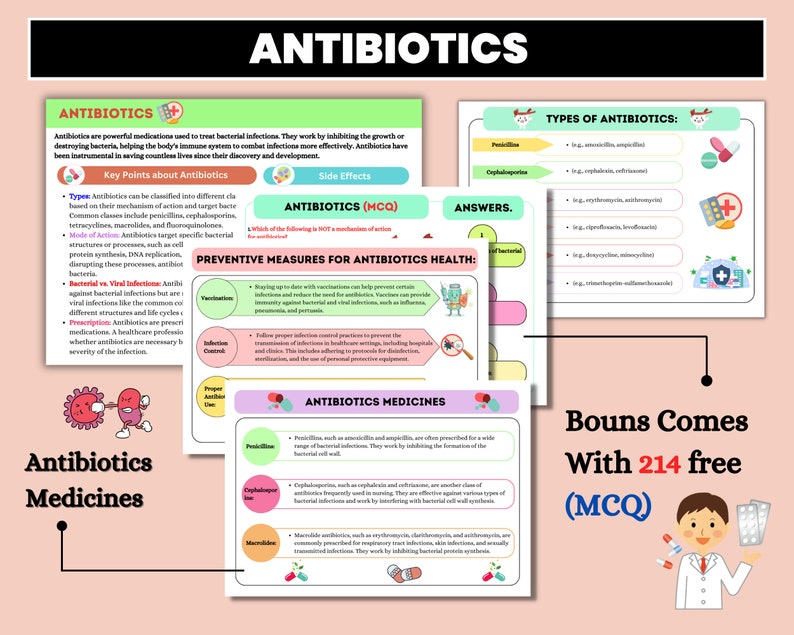 May include: A colorful infographic about antibiotics, with illustrations of bacteria and a doctor. The text includes the title "Antibiotics", "Types of Antibiotics", "Preventive Measures for Antibiotics Health", and "Antibiotics Medicines".