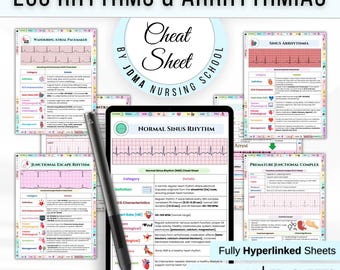 75+ ECG Rhythm & Arrhythmias Cheat Sheet, ECG Study Guide, Nursing Notes, Medical Cheat Sheet, Nursing Student, Free Stickers or Cover pages