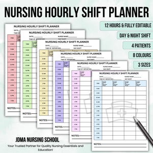 May include: A set of printable nursing hourly shift planner templates. The templates are in different colors and feature a nurse's cap icon. The text on the templates reads "Nursing Hourly Shift Planner", "Date", "Time of Reporting", "Nurse Name", "Day Shift", "Notes", and "JDMA Nursing School".