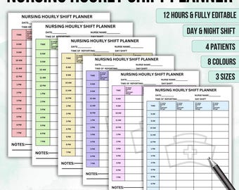 May include: A set of printable nursing hourly shift planner templates. The templates are in different colors and feature a nurse's cap icon. The text on the templates reads "Nursing Hourly Shift Planner", "Date", "Time of Reporting", "Nurse Name", "Day Shift", "Notes", and "JDMA Nursing School".