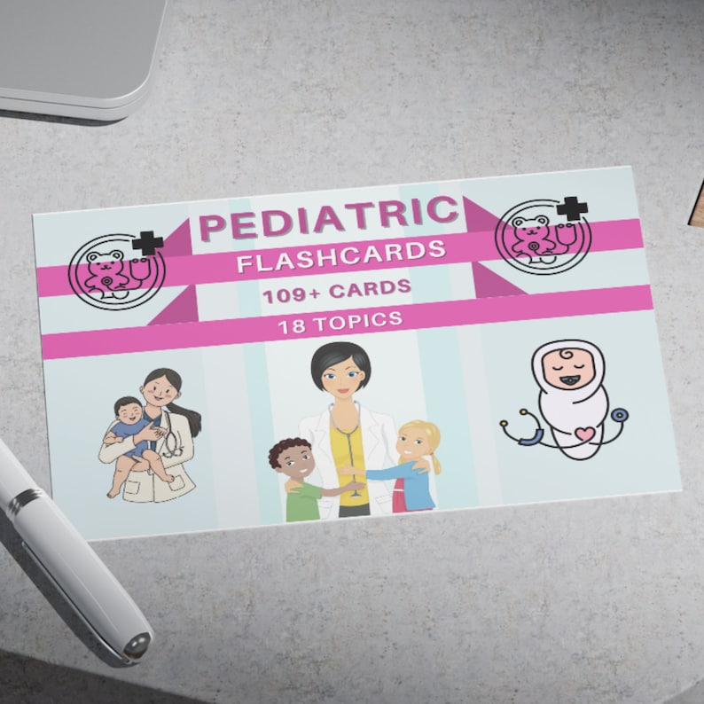 Może przedstawiać: R&oacute;żowe i białe ilustrowane karty do nauki dla dzieci. Tekst brzmi "Pediatria Flashcards 109+ Kart 18 Temat&oacute;w". Obraz przedstawia lekarza ze stetoskopem i dzieci.