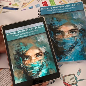 May include: A blue and green abstract painting of a person wearing a surgical mask. The image is on the cover of a notebook titled "Nursing Mastery Collection: Nurse's Roadmap to Success" with the JDMA Nursing School logo.