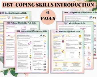 Op de afbeelding: Een set van zes kleurrijke pagina's met DBT-copingvaardigheden, waaronder emotieregulatie, interpersoonlijke effectiviteit, het bewandelen van het middenpad en mindfulness. Elke pagina bevat een titel, illustraties en tekst.