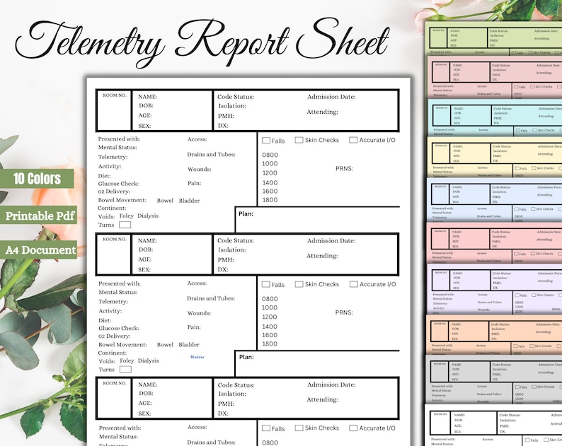 Telemetry Nurse Report Sheet Printable Sheets 10 Colours - Etsy