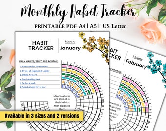 May include: Printable monthly habit tracker with a circular chart for tracking daily habits. The chart is divided into sections for each day of the month. The tracker is available in three sizes and two versions. The text "Men's natures are alike, it is their habits that separate them." is printed below the chart.