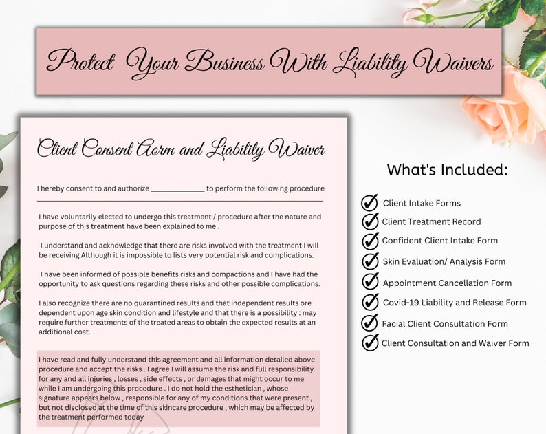 K&ouml;nnte beinhalten: Ein rosa-wei&szlig;es, druckbares Formular f&uuml;r die Einverst&auml;ndniserkl&auml;rung des Kunden und die Haftungsfreistellung f&uuml;r Unternehmen. Das Formular enth&auml;lt eine Checkliste der im Haftungsfreistellungspaket enthaltenen Elemente: Kundenaufnahmeformulare, Kundenbehandlungsprotokoll, Vertrauliches Kundenaufnahmeformular, Hautbewertungs-/Analyseformular, Terminabsageformular, Covid-19-Haftungs- und Freigabeformular, Gesichtskundenberatungsformular und Kundenberatungs- und Haftungsfreistellungsformular.