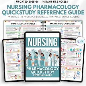 May include: A digital reference guide for nursing pharmacology. The cover features the title "Nursing Pharmacology Quickstudy Reference Guide" with illustrations of nurses and medical supplies. The guide includes topics, pages, and digital and printable formats.