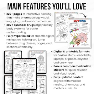 Pu&ograve; includere: Una risorsa educativa con il testo "CARATTERISTICHE PRINCIPALI CHE AMERAI". L'immagine mostra pagine da colorare di farmacologia interattive, informazioni sui farmaci e formati di studio digitali. Include adesivi bonus per farmaci.