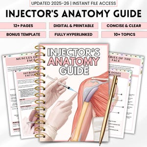 May include: A spiral-bound "Injector's Anatomy Guide" with the title in large, bold letters. The cover features a syringe and an anatomical illustration. Additional text includes "12+ PAGES," "Digital & Printable," and "Concise & Clear."
