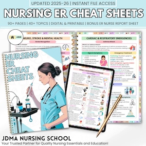 May include: A digital and printable nursing ER cheat sheet set. The cover features a nurse holding a syringe. The open book displays notes on cardiac and respiratory emergencies, and a tablet shows vital assessments and triage information. The text reads "Nursing ER Cheat Sheets".