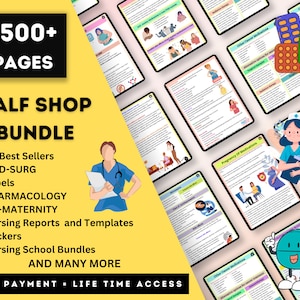 Può includere: Un pacchetto digitale con oltre 1500 pagine di risorse per la scuola infermieristica. L'immagine presenta un'illustrazione di un'infermiera e guide allo studio su argomenti come farmacologia e maternità. Il testo include "Half Shop Bundle" e "One Payment = Life Time Access."