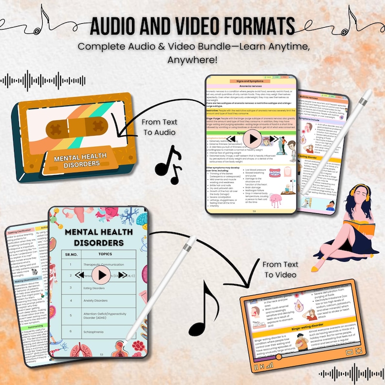 May include: A digital illustration of a cassette tape, a stylus, and three digital tablets. The tablets display text about mental health disorders and have play buttons. The text on the tablets reads "Mental Health Disorders", "From Text To Audio", and "From Text To Video".