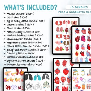 May include: A digital download of 15 bundles of medical stickers for Goodnotes. The stickers feature various medical illustrations, including hearts, kidneys, lungs, and pills. The text "WHAT'S INCLUDED?" and a list of the sticker bundles is shown on the left side of the image.
