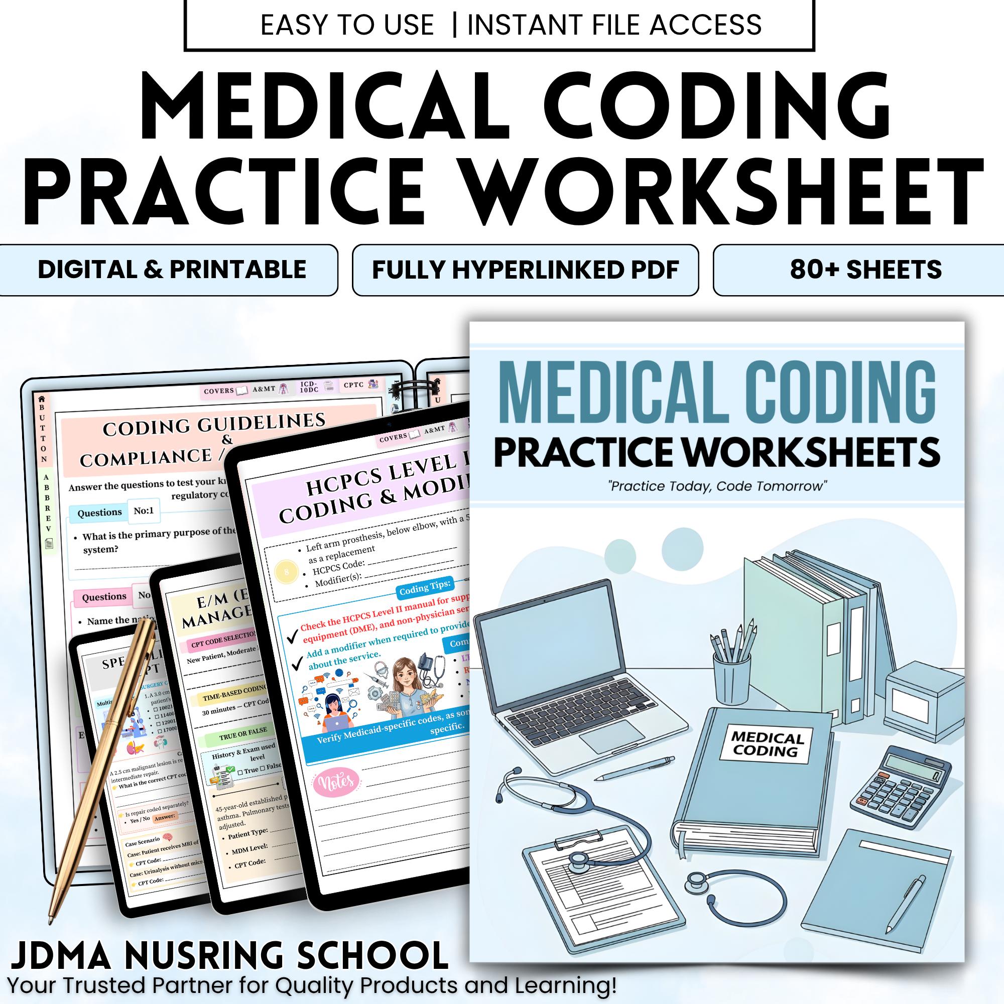 Medical Coding Practice Worksheets, icd-10-cm CPT HCPCS Study Pack, Hyperlinked Printable PDF, 80+ Sheets Digital Download