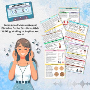 Puede incluir: Una ilustraci&oacute;n colorida de una mujer escuchando una cinta de casete con auriculares. El texto en la cinta de casete dice "MUSCULOSKELETAL". El texto debajo de la cinta de casete dice "Learn About Musculoskeletal Disorders On the Go-Listen While Walking, Working, or Anytime You Want!"