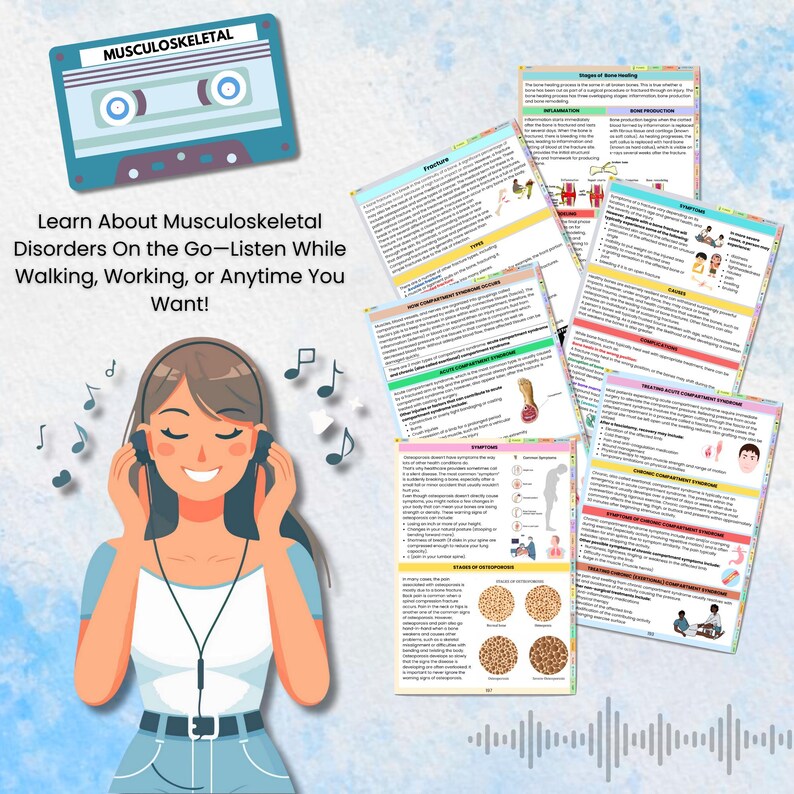 Puede incluir: Una ilustraci&oacute;n colorida de una mujer escuchando una cinta de casete con auriculares. El texto en la cinta de casete dice "MUSCULOSKELETAL". El texto debajo de la cinta de casete dice "Learn About Musculoskeletal Disorders On the Go-Listen While Walking, Working, or Anytime You Want!"