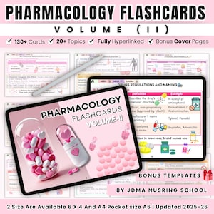 May include: Pink and white pharmacology flashcards, volume II, with the text "130+ Cards", "20+ Topics", "Fully Hyperlinked", and "Bonus Cover Pages". The flashcards are available in 6 x 4 and A4 pocket size A6, updated 2025-26.