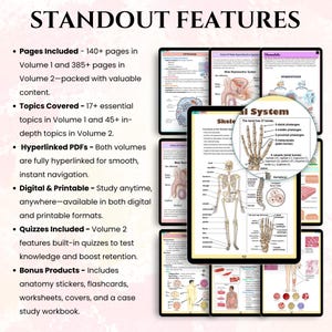 May include: Anatomy study guide featuring detailed illustrations of the skeletal and male reproductive systems, along with other anatomical diagrams. Includes 140+ pages in Volume 1 and 385+ pages in Volume 2, with quizzes and bonus products.