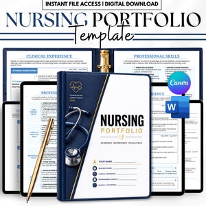 May include: A digital nursing portfolio template featuring a dark blue binder cover with a stethoscope graphic, the text NURSING PORTFOLIO, EVIDENCE, EXPERIENCE, EXCELLENCE, and sections for name, qualifications, clinical experience, and professional growth.