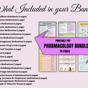 K&ouml;nnte beinhalten: Druckbarer PDF-Pharmakologie-Bundle mit 70 Seiten an Informationen &uuml;ber Medikamenten-Suffixe, Atemwegs-, Herz-, psychiatrische, endokrine, muskuloskeletale, Infektions-, Schmerzmanagement-, therapeutische Medikamentenspiegel, Medikamenten-Kartenvorlage, Vitamine, Antibiotika, Antidepressiva, Krebsmedikamente, stimmungsstabilisierende Medikamente, Medikamenten-Dosierungsberechnungen, Medikamentenverabreichungswege, Pflegeprozesse f&uuml;r Atemwegsmedikamente, Immunsuppressiva und ethische Prinzipien f&uuml;r Pflegekr&auml;fte.