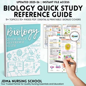 Peut inclure: Un guide de référence rapide sur la biologie avec le titre "Biology Quick Study Reference Guide" en écriture blanche sur un fond bleu clair. L'image montre également plusieurs pages avec des schémas de biologie et une main tenant un stylo.