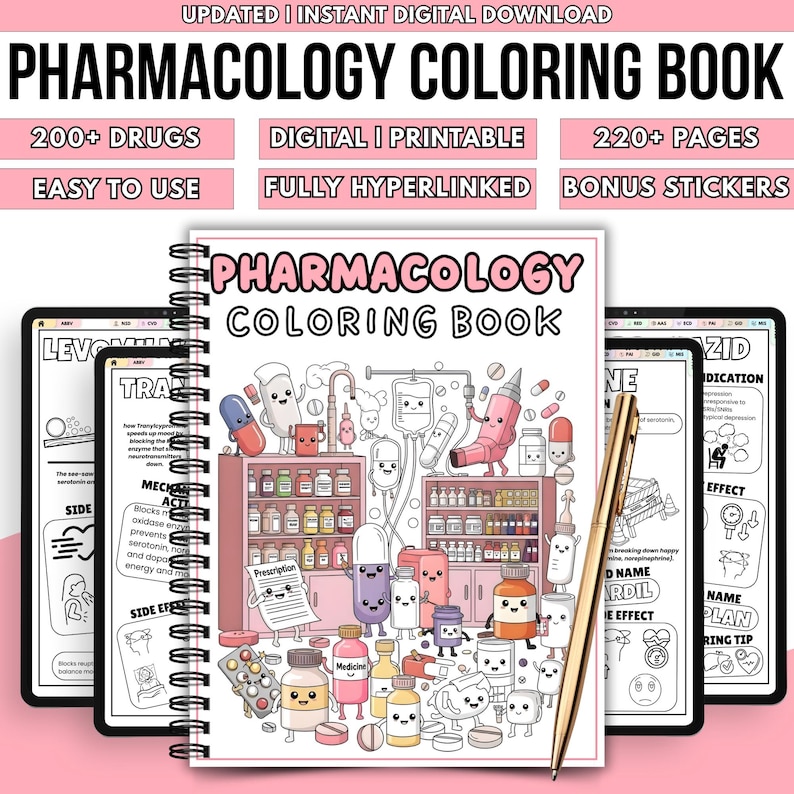 Pu&ograve; includere: Un "Pharmacology Coloring Book" rilegato a spirale con il titolo in grandi lettere nere. La copertina presenta illustrazioni di cartoni animati di pillole, flaconi di medicinali e sacche endovenose. Il libro &egrave; aperto, con una penna d'oro appoggiata sulle pagine.